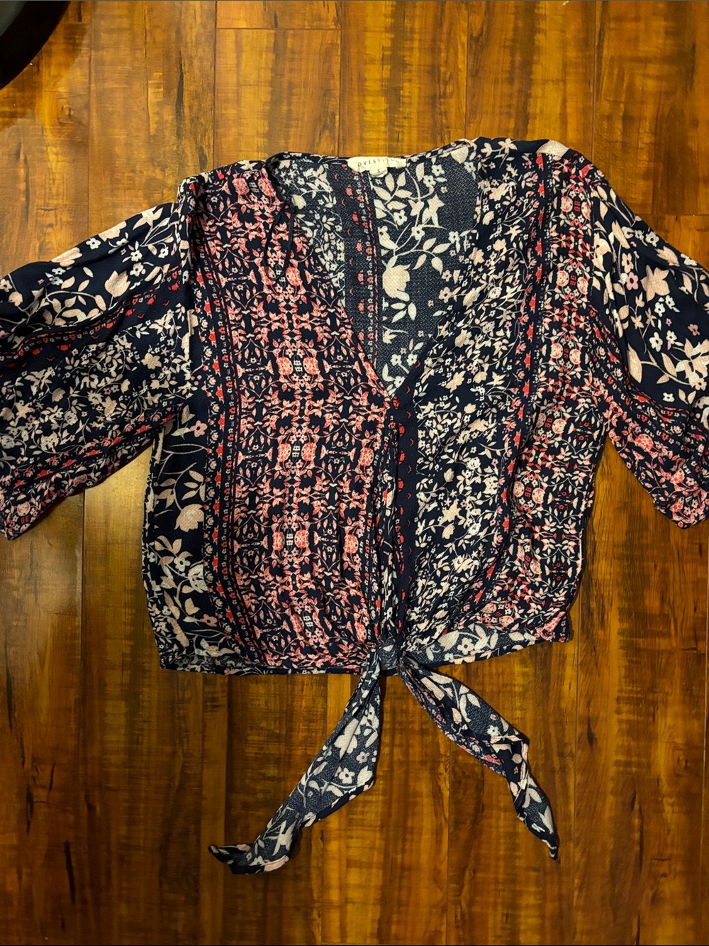 lovestitch Navy and Pink Tie-Front Printed Crop Top